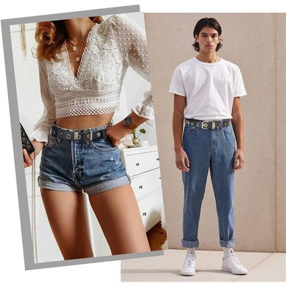 FIORETTO Grommet Leather Belt with Detachable Chain Punk Rock Waist Belts